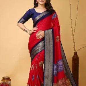 Red sungudi saree Abstract printed saree with Zari border