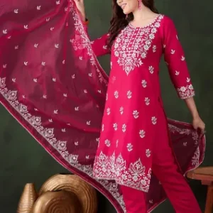 Floral Embroidered Straight Thread Work Kurta With Trousers And Dupatta