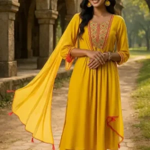 Floral Embroidered Round Neck Mirror Work Kurta With Trousers & Dupatta