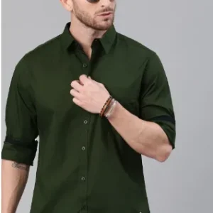 Men Olive Green Pure Cotton Solid Casual Shirt, button placket